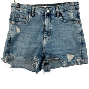 H&M Denim Shorts Womens 6 Distressed Raw Hem High Waist Blue Wash‎